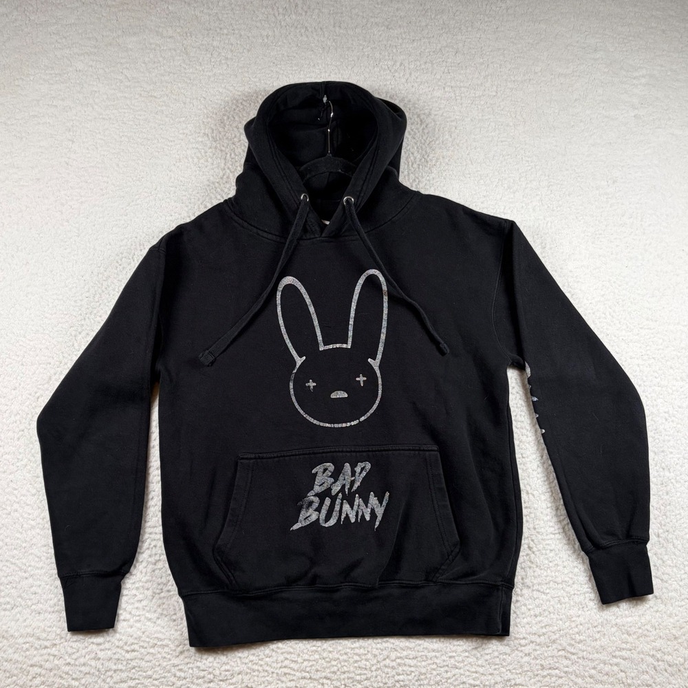 Bad Bunny Glitter Logo Hoodie Mens M Black Concert Merch Sweatshirt Streetwear